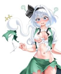 blush breasts leo23 navel question_mark torn_clothes touhou white_background white_hair youmu_konpaku