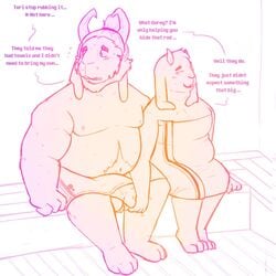 1:1 anthro asgore_dreemurr balls blush boss_monster bovid caprine dialogue duo female fondling fur hair hi_res horn kanaking long_ears male mammal penis pubes sauna simple_background straight text toriel undertale video_games