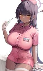 :/ alternate_costume black_hair blue_archive breasts collared_dress dark-skinned_female dark_skin dress female gloves halo hat highres holding holding_thermometer id_card karin_(blue_archive) kihou_no_gotoku_dmc large_breasts long_hair looking_at_viewer nurse nurse_cap pink_dress purple_halo simple_background sitting solo thermometer thighhighs white_gloves white_thighhighs yellow_eyes