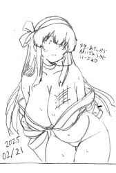 1girls ainu_clothes arm_behind_back artist_name big_breasts breasts busty cleavage clothes_down clothes_pull dated female female_only fingerless_gloves gloves hair_ribbon half-closed_eyes heart highres horny japanese_text king_of_fighters large_breasts leaning_forward legs long_hair looking_at_viewer monochrome nakoruru navel no_bra parted_lips pose posing ribbon samurai_shodown seductive seductive_look seductive_smile sensual sketch smile snk solo sweat thighs thong traditional_media translation_request very_long_hair voluptuous