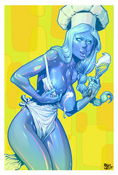 1girls abstract_background apron blue_body blue_skin boxofwant breasts breasts_out chef_hat cleavage cooking cowboy_shot female female_only food frame ghost ghost_girl hanging_breasts holding_object large_breasts long_hair naked_apron original poster solo solo_female standing translucent translucent_body transparent transparent_body yellow_background