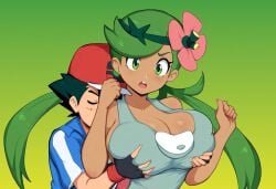 1boy 1girls ai_generated alternate_breast_size breast_grab breasts dark-skinned_female female huge_breasts human male mallow_(pokemon) mullon muscular_male novelai paulinebabe pokemon pokemon_(anime) pokemon_journeys pokemon_sm satoshi_(pokemon) straight trial_captain