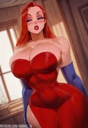 1girls ai_generated amiral_ai bedroom big_breasts blue_armwear breasts curvy dress green_eyes hips huge_breasts jessica_rabbit light-skinned_female makeup red_dress red_hair red_hair red_lips shiny_skin small_waist thick_thighs thighs tight_clothing who_framed_roger_rabbit wide_hips