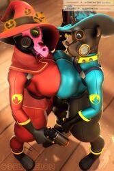 2girls breast_squeeze coda_(codansfw) coel3d fempyro from_above full_body hat holding_gun masked_female pyro_(team_fortress_2) team_fortress_2 whymsi_(coel3d) witch_hat