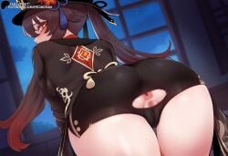 ai_generated anus ass ass_focus brown_hair chinese_clothes embarrassed from_behind genshin_impact hat hu_tao_(genshin_impact) long_hair looking_back medium_breasts primosan pussy pussy_juice red_eyes shorts torn_shorts twintails