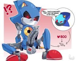 absurd_res anthro ball_tattoo balls dialogue duo english_text genital_tattoo genitals hi_res interrobang machine male mechanical_penis metal_sonic one_eye_closed penis polarisart robot sega sonic_(series) sonic_the_hedgehog_(series) speech_bubble tattoo text wink