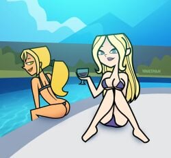 2girls bikini blonde_hair bridgette_(tdi) dawn_(tdi) female_only green_bikini ponytail purple_bikini swimsuit thong thong_bikini total_drama_island vaultman