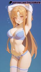 1girls 2025 ai ai_assisted ai_generated anime anime_girl anime_style armpits arms_up artist_name asuna_(sao) average_breasts bangs blue_background blue_bra blush bra braid breast breasts breasts breasts brown_eyes bust chest electroworld eyebrows_visible_through_hair female flying_sweatdrops gradient gradient_background hi_res high_quality high_resolution highres long_hair looking_at_viewer medium_boobs medium_breasts navel normal_boobs normal_breasts open_mouth orange_eyes panties patreon patreon_username skindentation solo stable_diffusion sword_art_online thighhighs thighs underwear undressing watermark white_legwear yuuki_asuna