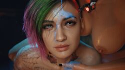 2022 2girls 3d big_breasts black_nail_polish brown_eyes cat_eyeliner completely_nude completely_nude_female cum cum_dripping cum_dripping_on_face cum_on_face cum_swap cyberpunk_2077 duo female female_only green_and_purple_hair judy_alvarez lipstick looking_up looking_up_at_partner nail_polish nude nude_female painted_nails panam_palmer red_lipstick rescraft satisfied satisfied_look shaved_side short_hair tattoos_everywhere winged_eyeliner