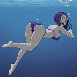 1girls ai_generated air_bubbles asphyxiation ass barefoot bikini bubbles cameltoe dc_comics drowning feet female freediving ocean rachel_roth raven_(dc) sea sexfightfun sideboob solo swimming swimsuit teen_titans underwater underwater_peril warner_brothers water