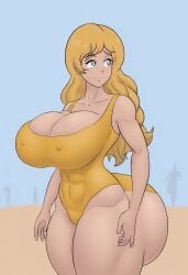 abs ai_generated beach big_ass big_breasts blonde_hair bubble_butt hyper hyper_ass lilac_eyes massive_ass nipples_bulge one-piece_swimsuit rwby shiin_(ai_generated) yang_xiao_long