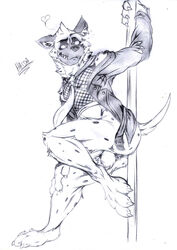 1boy 2019 3_fingers 3_toes aggressive_retsuko anthro anus ass balls bedroom_eyes biped black_and_white bottomless character_name claws clothed clothing dancing english_text eyebrows fingers fishnet fishnet_topwear full-length_portrait fur graphite_(artwork) haida half-closed_eyes hand_on_leg heart hi_res hopelesshighschool hyaenid inner_ear_fluff jacket leather leather_jacket male male_only mammal monochrome necktie one_ear_up open_clothing open_jacket pencil_(artwork) pole pole_dancing portrait raised_arm raised_eyebrow sanrio seductive sharp_teeth simple_background smile smirk smooth_fur smug snout solo solo_male spots spotted_fur spotted_hyena teeth text toe_claws toes topwear traditional_media_(artwork) underbite white_background