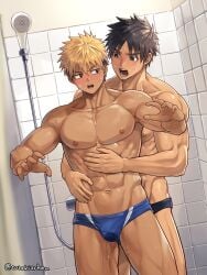 2boys abs armpits bara biceps big_areola big_breasts big_bulge black_eyes black_hair blonde_hair blue_eyes blush bulge bulge_through_clothing collarbone duo ebitendon from_behind frown gay hand_on_stomach height_difference hi_res hugging hugging_from_behind indoors looking_at_penis male male/male male_breasts male_only manly mature_male multicolored_hair muscles muscular muscular_arms muscular_male navel no_body_hair open_mouth oppai original original_character pecs short_hair shower_head shower_room six_pack standing sweat sweatdrop swim_briefs swimsuit swimwear tan tan_body tanline tiled_wall topless torakichi_(ebitendon) torakitchen two_tone_hair yaoi young