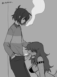 1boy 1girls big_breasts bikini chokaso cigarette cum cum_in_mouth cum_inside deltarune fellatio hair_over_eyes heavy_breathing human interspecies kris_(deltarune) long_hair monochrome oral pants penis penis_out scalie sideboob sketch smoking susie_(deltarune) text watermark