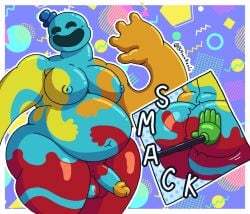 ambiguous_gender anthro ass balls belly big_belly big_breasts big_butt black_eyes blue_body blush breasts butt_slap ch4mm0zotz clay_creature clothing doey_the_doughman_(poppy_playtime) duo fingers genitals gesture glistening glistening_balls glistening_belly glistening_body glistening_genitalia glistening_penis goo_creature grabpack hat hat_only headgear headgear_only headwear headwear_only hollow_eyes huge_butt humanoid humanoid_genitalia living_toy looking_back male male/ambiguous mob_entertainment moobs mostly_nude navel nipples nude onomatopoeia open_mouth open_smile orange_body overweight overweight_anthro overweight_male penis poppy_playtime protagonist_(poppy_playtime) red_body simple_background slap smile sound_effects spanking text thick_thighs waving yellow_body