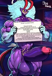 ai_generated asmodeus_(helluva_boss) background bara buff civitai gay gaylover16 hairy_chest helluva_boss holding_object holding_sign hyper_balls hyper_penis male male_only muscles muscular muscular_male solo solo_focus standing text