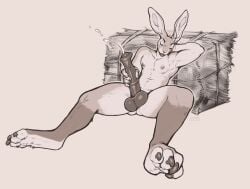 animal_genitalia animal_penis anthro big_ears big_penis bodily_fluids claws closed_eyes cum cumshot ejaculation equine_genitalia equine_penis front_view genital_fluids genitals hay hay_bale lagomorph leporid male male_anthro mammal medial_ring monochrome navel nipples nude open_mouth penis rabbit reclining seraphictiger simple_background solo