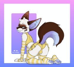 2026 4_toes anthro armwear ass ball_bulge bell_koji blep bluesky_logo border bottomwear brown_body brown_ears brown_fur brown_nose bulge bulge_from_behind canid canine clothed clothing crop_top crossdressing crossdressing_male cute_fangs elbow_gloves fangs feet femboy fennec_fox fox fur fur_markings gloves gradient_background gradient_border handwear head_tuft hi_res inner_ear_fluff legwear looking_at_viewer looking_back male mammal markings miniskirt multicolored_body multicolored_fur narrow_hips panties pattern_clothing pattern_legwear pawpads paws shirt simple_background skirt smile solo striped_clothing striped_legwear striped_sleeves stripes tail teeth telegram_logo text toeless_legwear toes tongue tongue_out topwear true_fox tuft underwear white_background white_body white_fur white_text yellow_armwear yellow_clothing yellow_legwear yellow_miniskirt yellow_panties yellow_topwear yellow_underwear