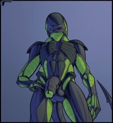 4_fingers alien alien_(franchise) anthro balls clenched_teeth dark_body dark_scales exoskeleton faceless fingers flaccid foreskin genitals green_body green_skin grey_body grey_scales humanoid_genitalia humanoid_penis long_tail male nude partially_retracted_foreskin penis petresko pinup pose scales solo tail teeth xenomorph