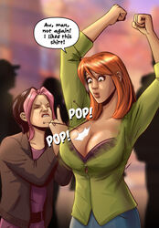 2girls amazon bra breasts button_pop caitlin_fairchild cleavage curvaceous curvy dc_comics female female_only flat_chest freefall_(gen¹³) gan_(artist) gen¹³ green_eyes huge_breasts in_public middle_finger orange_hair purple_bra purple_hair purple_highlights red_hair taller_girl wardrobe_malfunction wildstorm