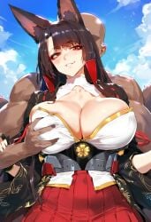 1boy 1girls ai_generated akagi_(azur_lane) azur_lane big_breasts breasts brown_hair dark-skinned_male female female_focus fluffy_tail fox_ears fox_tail groping_breasts groping_from_behind huge_breasts kitsune large_breasts light-skinned_female red_eyes thick_thighs thighs