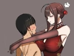 1boy 1girls after_kiss black_gloves breasts brown_eyes brown_hair china_dress cigarette dress dsr-50_(girls'_frontline) dsr-50_(red_peony)_(girls'_frontline) earrings femdom girls'_frontline gloves huge_breasts kiss_mark_on_face kiss_marks light-skinned_female light-skinned_male light_skin lipstick lipstick_marks lipstick_on_face malesub neriaisu red_lipstick saliva_trail textless