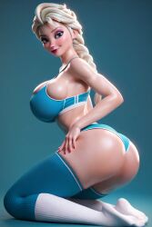 3d ai_generated ass elsa_(frozen) frozen_(film) huge_ass huge_breasts kneeling looking_at_viewer looking_back sports_bra stockings teasing