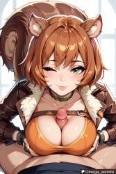 1girl1boy ai_generated animal_girl big_breasts blush breasts brown_hair female freckles freckles_on_face gloves green_eyes happy huge_breasts jacket jacket_open marvel marvel_rivals omega_weirdo paizuri paizuri_under_clothes partial_male patreon penis_between_breasts pov servicing_from_below squirrel_ears squirrel_girl_(marvel) squirrel_girl_(marvel_rivals) squirrel_tail titjob wink winking_at_partner winking_at_viewer