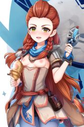 1girls ai ai_generated ai_hands aloy anime_style bag blue_scarf braided_hair braids breasts breasts_out clothing female female_focus female_only guerilla_games happy happy_expression horizon_forbidden_west horizon_zero_dawn long_hair multicolored_background nipples open_mouth quinzo11 red_eyebrows red_hair scarf self_upload sony_interactive_entertainment standing standing_female yellow_eyes