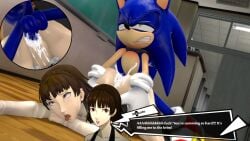 1boy 1girls ass crossover hand_on_butt huge_ass makoto_niijima persona persona_5 sonic_(series) sonic_the_hedgehog text text_bubble theboobedone