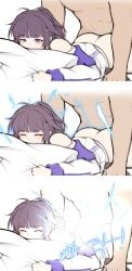 1boy 1girls clothed_female_nude_male electricity from_behind from_behind_position honkai_impact_3rd jo_an lightning multiple_panels on_stomach pillow prone_bone purple_eyes purple_hair raiden_mei raiden_mei_(striker_fulminata) sex sex_from_behind short_hair