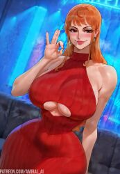 ai_generated amiral_ai big_breasts blush breasts curvy dress earrings hips huge_breasts light-skinned_female makeup nami nami_(one_piece) ok_sign one_piece orange_hair red_dress red_lips redhead small_waist thick_thighs thighs wide_hips