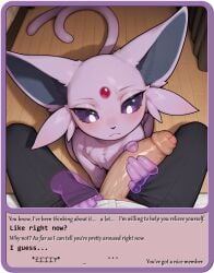 ai_generated blush bottomwear bottomwear_down clothed clothing dialogue disembodied_hand duo eeveelution erection espeon female feral first_person_view foreskin generation_2_pokemon genitals ghost_hand hand_on_penis hi_res human human_pov looking_at_genitalia looking_at_penis male male/female male_pov mammal nonimousmate pants pants_down partially_clothed penis pokemon_(species) psychic_powers telekinesis undressing