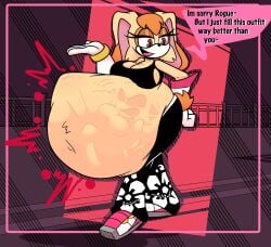 absurd_res after_vore anthro belly big_belly breasts clothed clothing dialogue duo english_text female female/female hi_res oral_vore rouge_the_bat same_size_vore sega sonic_(series) sonic_the_hedgehog_(series) speech_bubble stomach_bulge text thebox0fpizza vanilla_the_rabbit vore