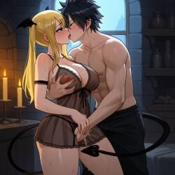 1boy 1girls ai_generated black_hair blonde_hair couple demon_tail fairy_tail gray_fullbuster horns large_breasts lucy_heartfilia sensual sexy succubus thick_thighs