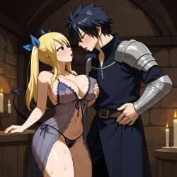 1boy 1girls ai_generated black_hair blonde_hair couple demon_tail fairy_tail gray_fullbuster horns large_breasts lucy_heartfilia sensual sexy succubus thick_thighs