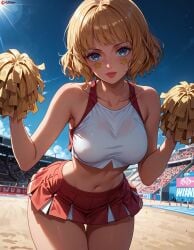 1girl ai_generated ai_sluts bleachers blonde_hair blue_eyes cheerleader crop_top female female_only large_breasts looking_at_viewer midriff one_piece pleated_skirt pom_poms short_hair short_skirt solo stadium star-shaped_pasties star_pasties stussy_(one_piece)