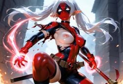 ai_generated crossover damaged_clothes deadpool deadpool_(series) frieren frieren_beyond_journey's_end fusion magic marvel nipples one_breast_out pointy_ears self_upload stable_diffusion staff superhero_costume superhero_mask twintails white_hair