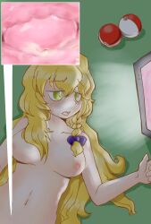 blush bow braid cervix commentary_request completely_nude cookie_(touhou) female hairbow highres kirisame_marisa kitsune_kemono lying mars_(cookie) navel nipples nude single_braid touhou x-ray x-ray_vision