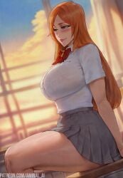 1girls ai_generated amiral_ai bleach blush breasts classroom grey_skirt huge_breasts inoue_orihime light-skinned_female long_hair makeup orange_hair pink_lips red_hair shirt sitting_on_desk skirt socks thick_thighs thighs white_shirt white_socks