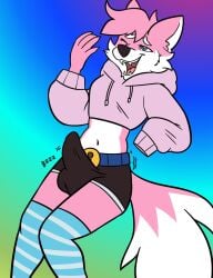 anthro aroused baby_chi bella_(fluff22) blue_eyes bulge canid canine clothing crop_top enjoying erection erection_under_clothing fox fox_tail fur giggling gynomorph hi_res hoodie intersex legwear mammal orgasm_from_tickling pink_furniture shirt solo tall text thigh_highs tickle_belt tickle_torture ticklegasm tickling tickling_belly tickling_machine topwear white_body white_fur