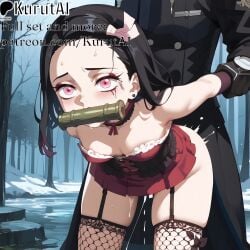 1boy ai_generated bent_over bit_gag black_hair breasts collarbone demon_slayer earrings fishnet_legwear fishnets gag gagged garter_straps gloves heart-shaped_pupils jewelry kamado_nezuko kimetsu_no_yaiba long_hair nezuko_kamado no_panties outdoors pink_eyes solo_focus straight sweat thighhighs