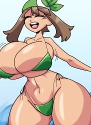 brown_hair closed_eyes commission full_comfort green_bandana green_bikini jiggle large_ass large_breasts may_(pokemon) open_mouth pokemon pokemon_emerald shiny_skin tits_bigger_than_head water