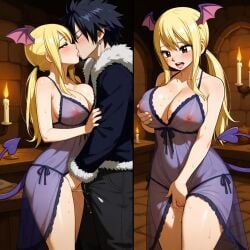 1boy 1girls ai_generated black_hair blonde_hair couple demon_tail fairy_tail gray_fullbuster horns large_breasts lucy_heartfilia sensual sexy succubus thick_thighs