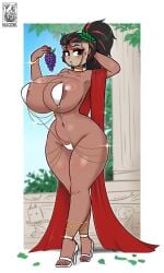 big_ass big_breasts commission dooca_(doocen) doocen grapes haloowl high_heels highlights_(coloring) highres hourglass_figure long_hair mask masked masked_female oc original_character red_cloth sling_bikini