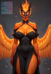 ai_generated big_breasts bird dota_2 dress feathers genderswap_(mtf) genhartist mask orange_fur phoenix qr_code rule_63 standing white_eyes wings