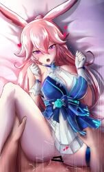 1boy 1girls animal_ears bar_censor censored dress eyebrows_visible_through_hair fox_ears fox_girl gloves heart honkai_impact_3rd kemonomimi large_breasts long_hair male missionary_position on_back on_bed open_mouth panties panties_aside partially_clothed penis pink_hair purple_eyes sex slash-ex teeth thigh_grab thigh_strap vaginal_penetration yae_sakura yae_sakura_(honkai_impact)