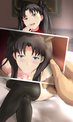 black_hair blowjob cafekun fate/stay_night fate_(series) fellatio oral oral_sex penis photo_(object) saliva smirk stockings tagme thighhighs tohsaka_rin twintails