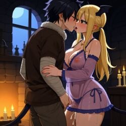 1boy 1girls ai_generated black_hair blonde_hair couple demon_tail fairy_tail gray_fullbuster horns large_breasts lucy_heartfilia sensual sexy succubus thick_thighs