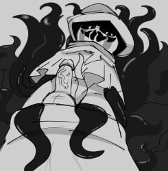 black_and_white creepy_smile cum dick digital_media_(artwork) erection evadare incredibox incredibox_mod jacko_(incredibox) nightmare_(incredibox) no_color non-human penis perspective precum pumpkin_head smile smiling smiling_at_viewer solo tentacle yarbeech